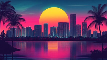 Colorful city skyline at sunset with vibrant hues reflecting on the water surface