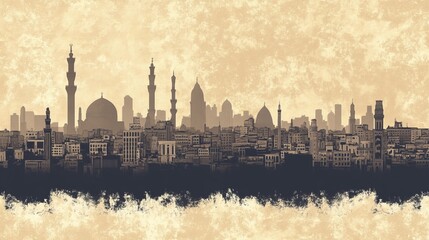 Naklejka premium Silhouette of a bustling city at sunset with diverse architectural features and a vibrant horizon