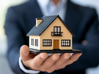 Businessman Holding Miniature House Model in Office Environment