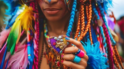 Fototapeta premium Close-up of a woman wearing colorful braids and feathers, holding a jeweled heart.