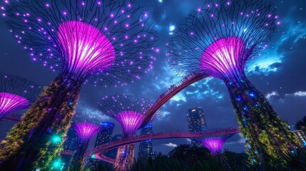 Silhouette of futuristic gardens against a shimmering skyline at night with vibrant illuminated trees