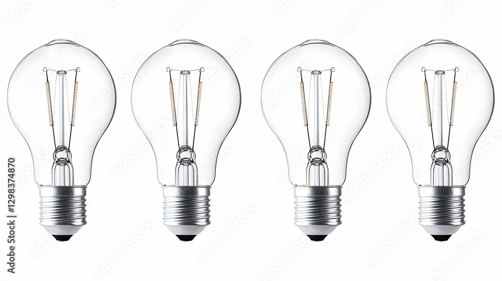 Poster four transparent lightbulbs arranged in a row showing internal filament and metal base on white back