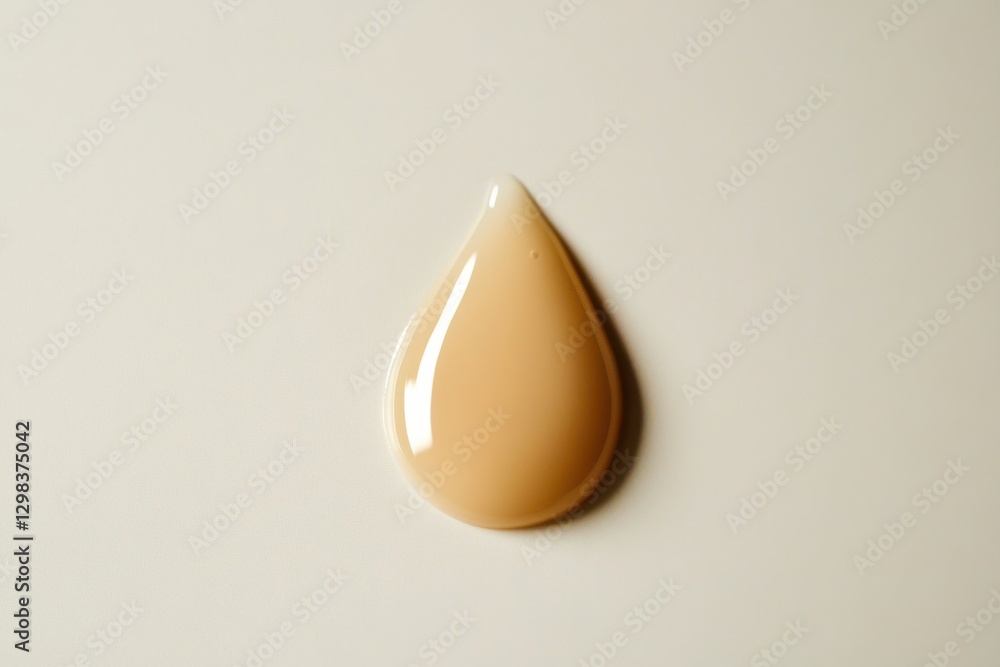 Poster droplet of beige liquid resting on a smooth surface, showcasing a glossy texture and unique shape