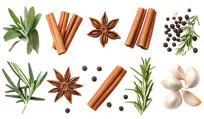 top view of cinnamon sticks, star anise, rosemary, garlic, and black pepper on transparent background, showcasing variety of spices and herbs. Perfect for culinary themes © Sakai