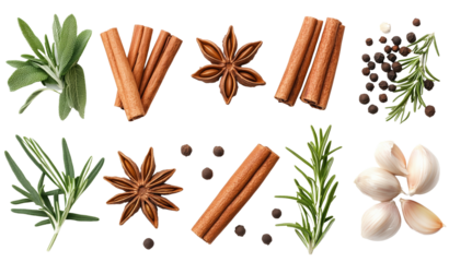 top view of cinnamon sticks, star anise, rosemary, garlic, and black pepper on transparent background, showcasing variety of spices and herbs. Perfect for culinary themes