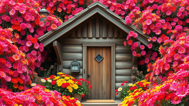Cabin Sanctuary Amidst Floral Splendor: A Stunning Landscape Photograph Highlighting the Charming, Tranquil Allure of a Rustic Cabin Nestled Within a Breathtaking, Floral-Filled Garden