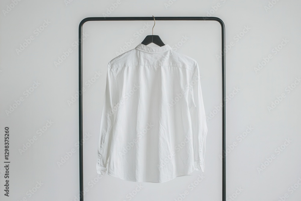Poster white long-sleeve shirt displayed on a hanger in a minimalist setting with neutral backdrop