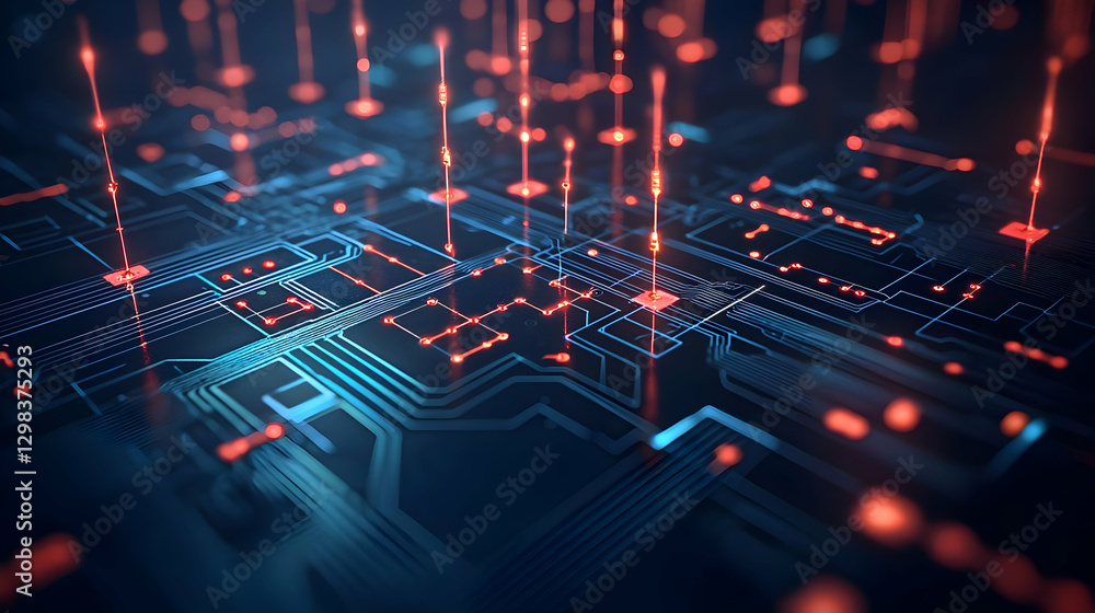 Aufkleber abstract digital circuit board with blue and red glowing lines and nodes
