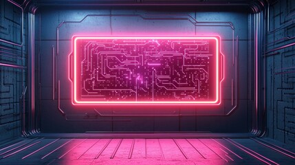 A futuristic room featuring glowing pink neon circuitry on a dark wall, creating a high-tech, cybernetic atmosphere.