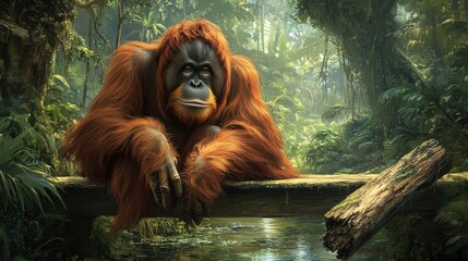 Obraz premium An orangutan perches on a wooden platform amidst a verdant forest. Its expressive eyes and long, dark fur stand out, creating a striking contrast in this serene natural setting