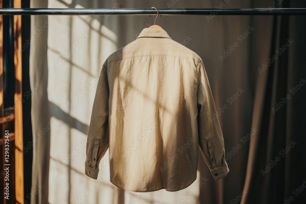 Poster simple beige shirt hanging in soft sunlight with shadows casting over a textured background in an in