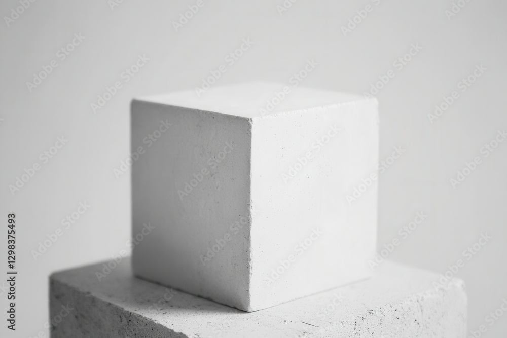 Poster minimalist concrete cube on a pedestal showcasing modern design in a bright studio