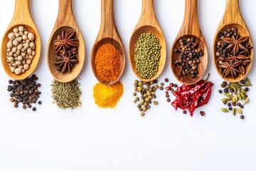 Colorful spices in wooden spoons on white background. (1)