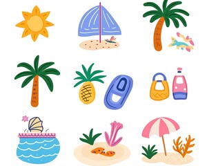 Beach doodles fun elements for summer, sun, sailing boat, palm trees, and sea backdrop. For decoration