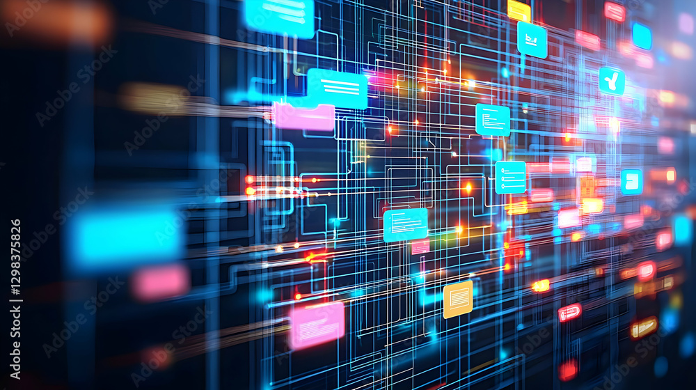Poster abstract digital network with blue red and yellow lights representing data and technology