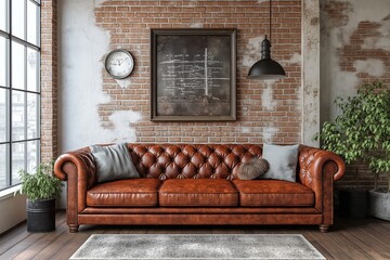 Rustic leather sofa in a modern loft interior with exposed brick walls and vintage decor elements.