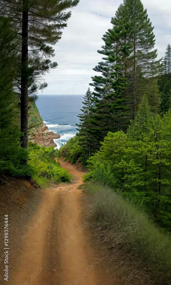 Poster a path through a forest with a view of the ocean