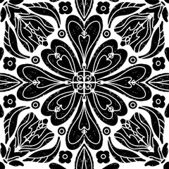Intricate black pattern with symmetrical ornamental pattern in linocut style. Grunge texture tile shape. vector element