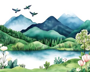 Birds fly over a lake landscape with mountains, trees, and flowers. For wall decor/children's book