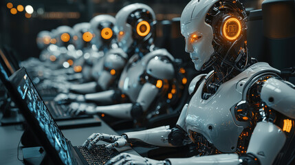 Fototapeta premium Humanoid AI robots and programmers collaborate in a high-tech co-working space for software development