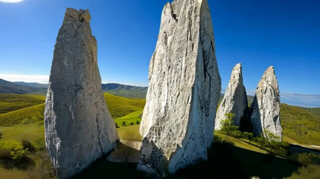 Three large rocks are on a hillside, with a clear blue sky in the background