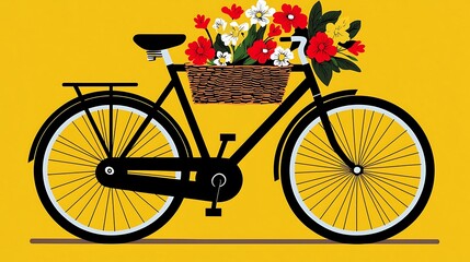 Fototapeta premium Black bicycle with flowers in basket, rides on yellow background, used for design