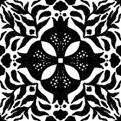 Intricate black pattern with symmetrical ornamental pattern in linocut style. Grunge texture tile shape. vector element