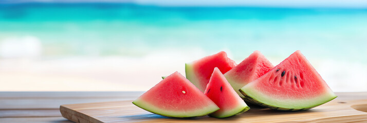 Fresh watermelon slices on a wooden board with a beach background