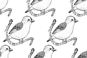 Seamless pattern with funny birds, flowers, leaves. Flat vector illustration with cartoon bird silhouette. Cute characters. Design for invitation, poster, card, textile, fabric.