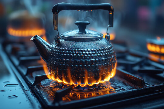 Tea kettle with boiling water on gas stove