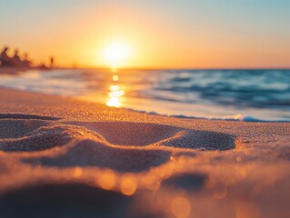 Serene Sunset Over Ocean Waves with Sandy Shore and Soft Light