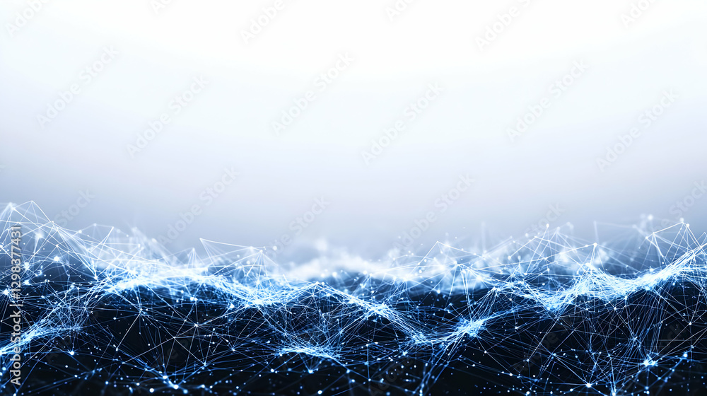 Poster abstract digital blue wave particle connection technology background with white light