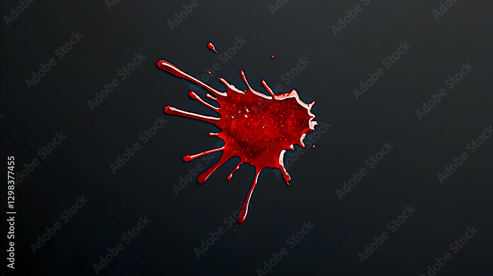 Poster red blood splatter against dark background showing vivid color and abstract texture