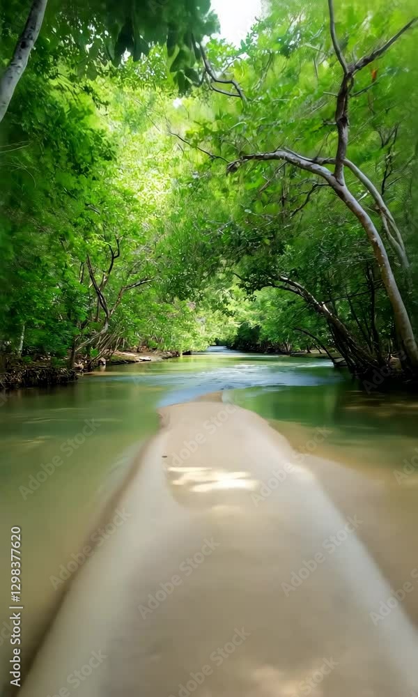 Poster a path through a forest with a stream running alongside it