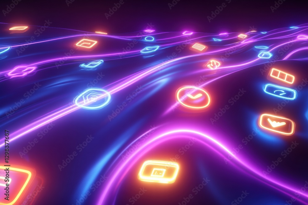 Aufkleber Vibrant neon icons create a digital landscape with a flowing wave effect in a futuristic setting. Generative AI