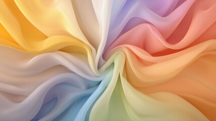 Colorful fabric swirls create a vibrant and textured pattern, showcasing a spectrum of wavy hues in soft pastel tones.
