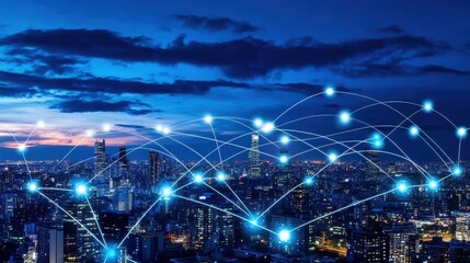 A nighttime city skyline illuminated by glowing network connections linking buildings, showcasing a smart connected city skyline, advanced technology