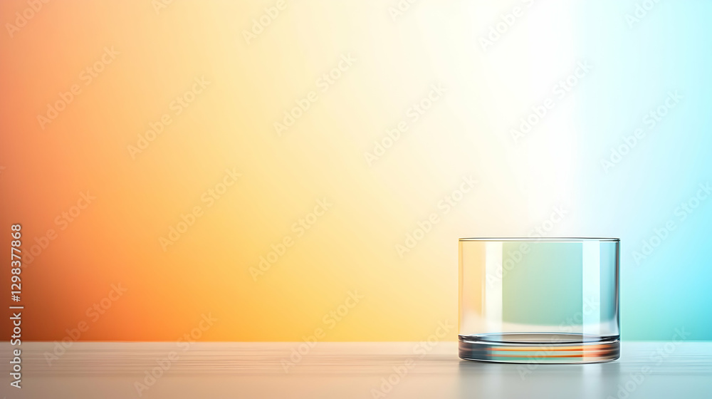 Poster transparent empty glass on white surface with colorful gradient background