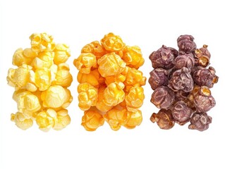 Colorful Variety of Flavored Popcorn in Three Distinct Piles