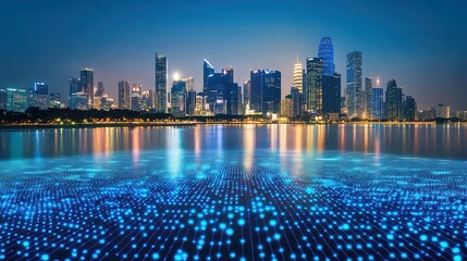 Naklejka premium A city skyline adorned with digital data connection lines, illustrating a smart connected city skyline, utilizing advanced technology