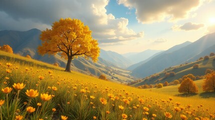 Lush landscape featuring vibrant yellow flowers and majestic mountains.