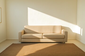 Minimalist interior features cozy sofa illuminated by natural su