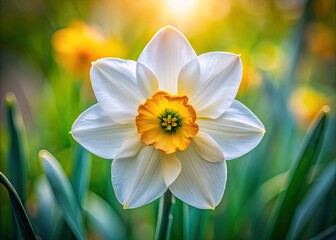 Close-up aerial shot: a single white narcissus blooms, its vibrant yellow center a striking contrast.