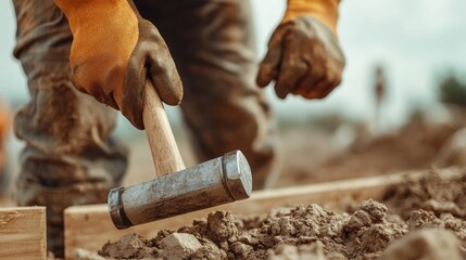 A hardworking manual laborer carefully and forcefully hammering a wooden frame