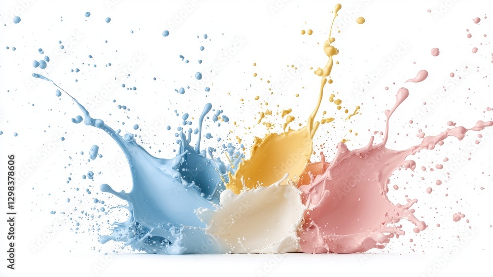 Poster colorful paint splashes collide, creating a dynamic and vibrant abstract composition on a white back
