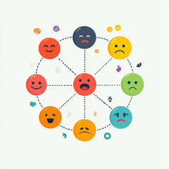 Basic emotion system concept. Circle infographic chart. Vector flat illustration. Joy, trust, fear, surprise, sadness, disgust, anger and anticipation emoji with connections. Design element.