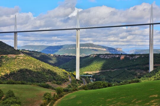 MILLAU, FRANCE - SEPTEMBER 29, 2021: Millau Viaduct multispan cable-stayed bridge over Tarn valley in France. Considered one of the greatest achievements in engineering in modern times.