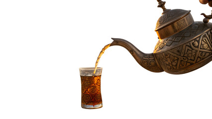 Traditional Arabic Tea Pouring from Ornate Kettle into Glass. Ramadan Mubarak 2025 (Ai generated)