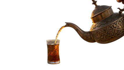 Traditional Arabic Tea Pouring from Ornate Kettle into Glass. Ramadan Mubarak 2025 (Ai generated)