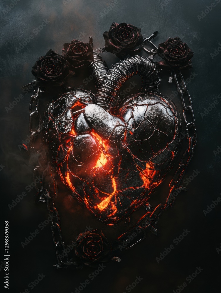 Poster creative representation of a broken heart surrounded by roses and chains with glowing elements in an